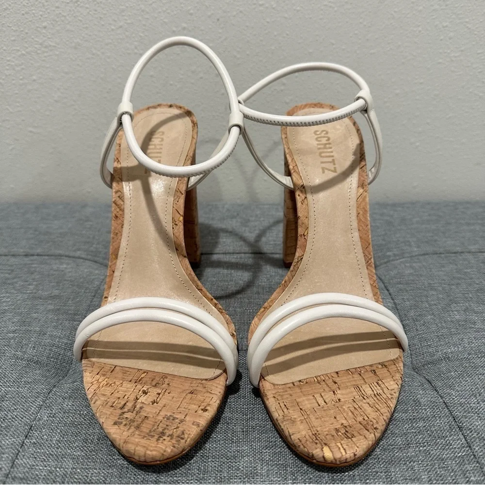 SCHUTZ Gimenez Mid White Cork Heel Sandals